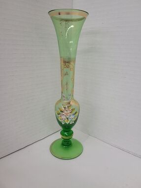 Vintage Venetian Art Glass Green Bud Vase 9" Tall
